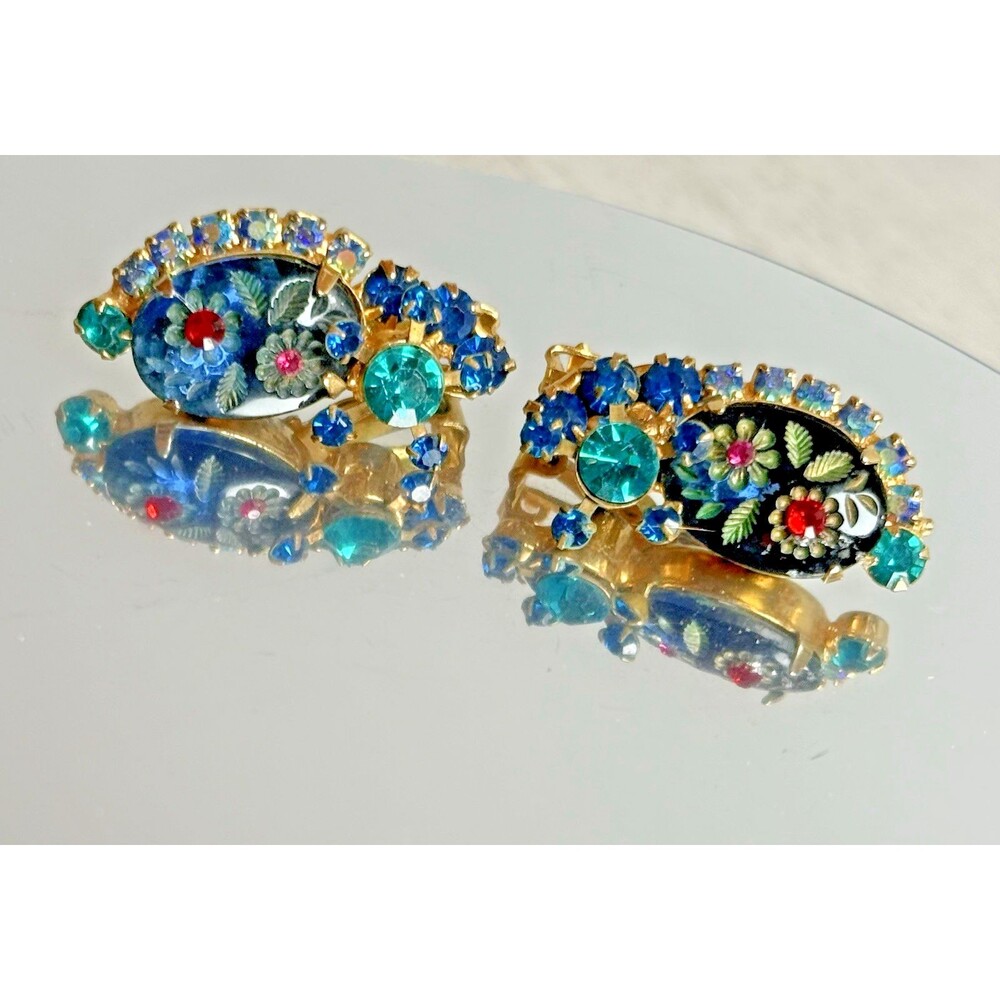Vintage Juliana DeLizza & Elster D&E Blue Molded Glass Cabochon Clip  Earrings